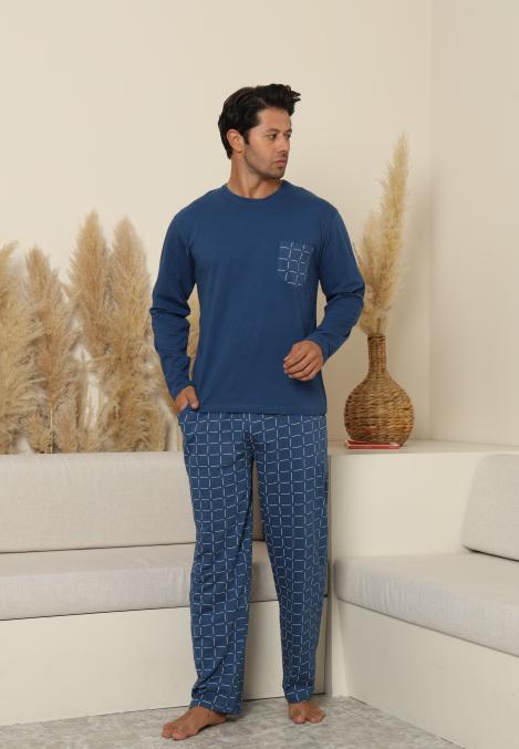 Pijama Barbati ,Maneca si Pantaloni Lungi, Culoare Albastru cu Alb,Engros